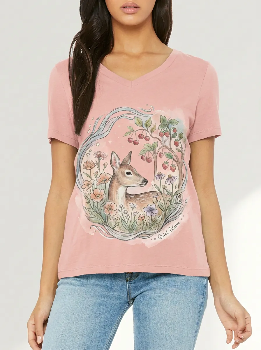 Women's Nature Lover Deer Strawberry Floral Printed V-neck T-shirt