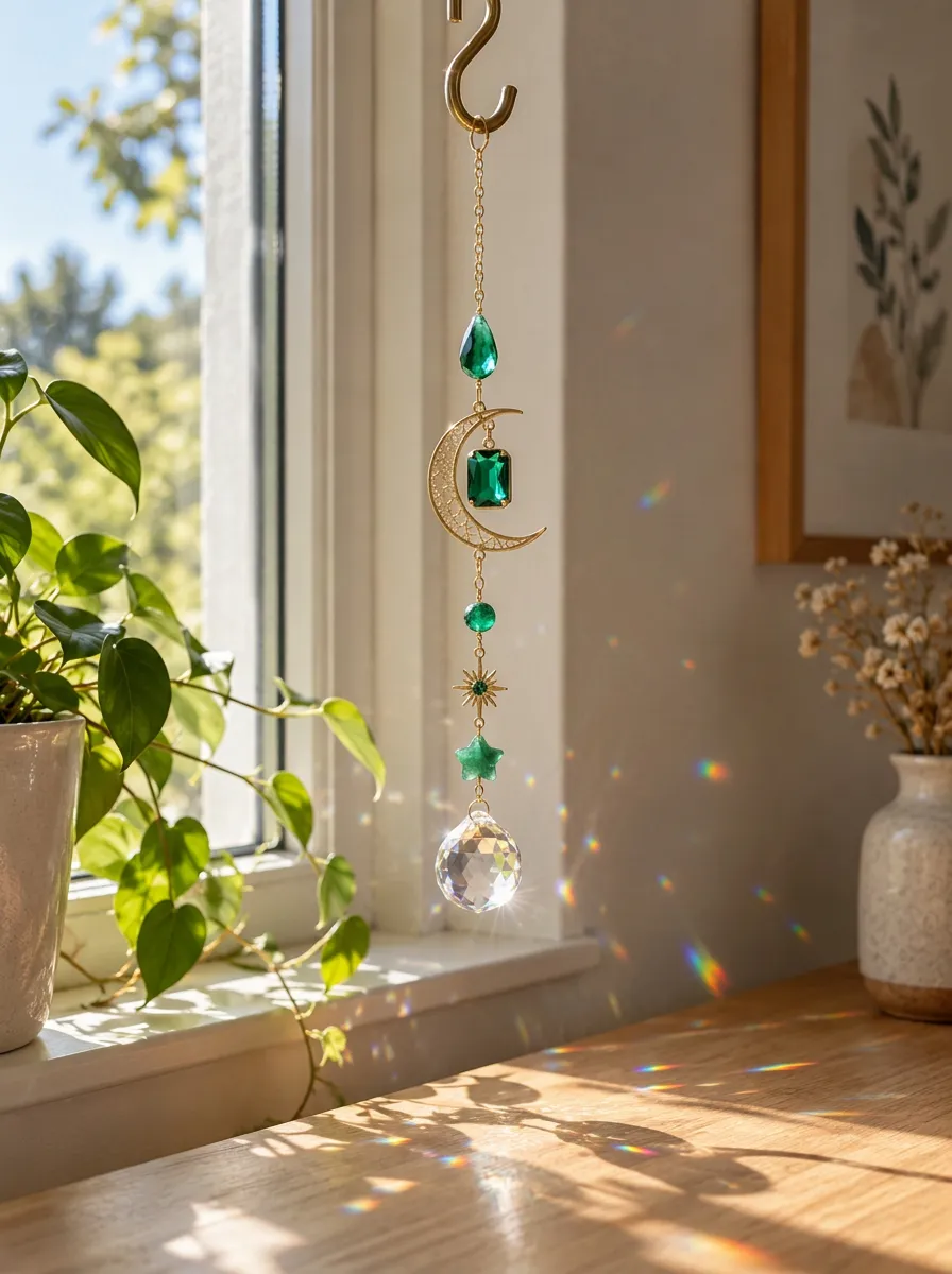 Green Moon Star Crystal Suncatcher Hanging Ornament