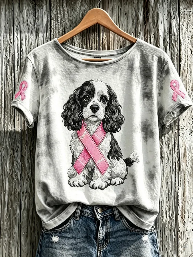 Women'S Breast Cancer Cute Dog Pattern Printed Casual Short-Sleeve T-Shirt