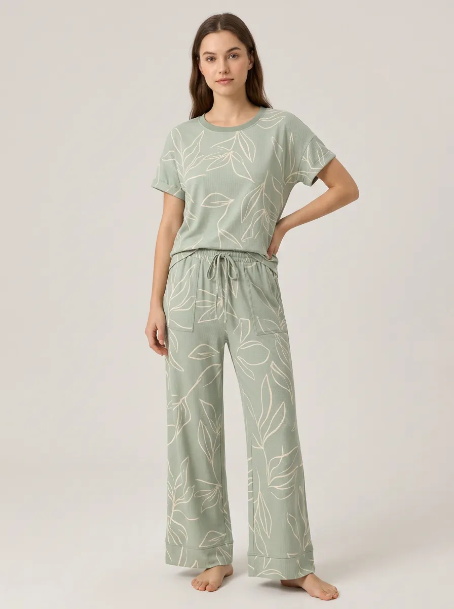 Women's Botanical Leaf Pattern Printed Waffle Knit Lounge Set