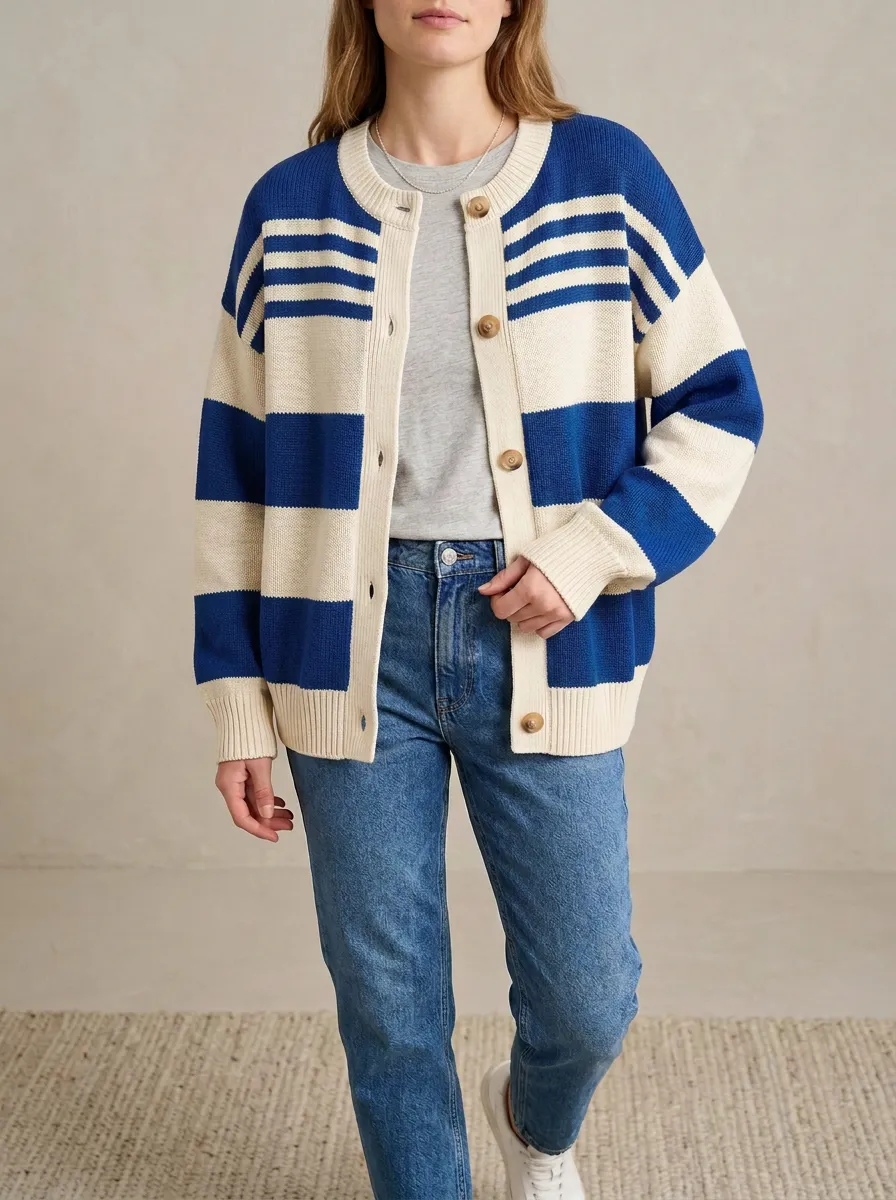 Distinctive Rugby Striped Knit Cardigan