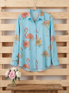Flamingo Hibiscus Floral Women's Loose Printed Shirt