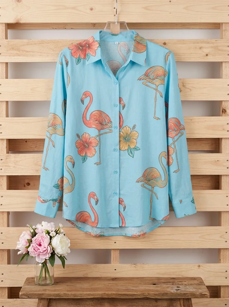 Flamingo Hibiscus Floral Women's Loose Printed Shirt