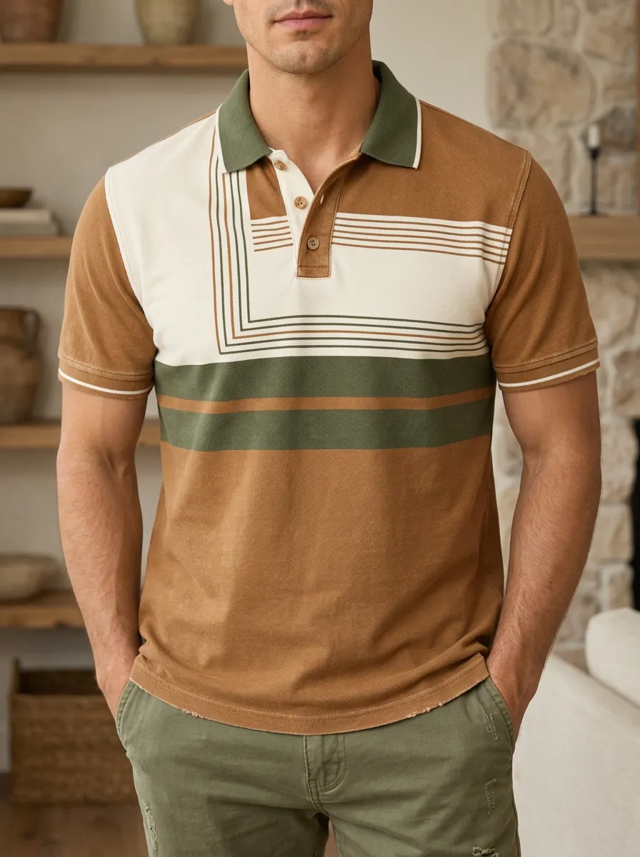 Men's Vintage Geometric Striped Printed Polo Shirt