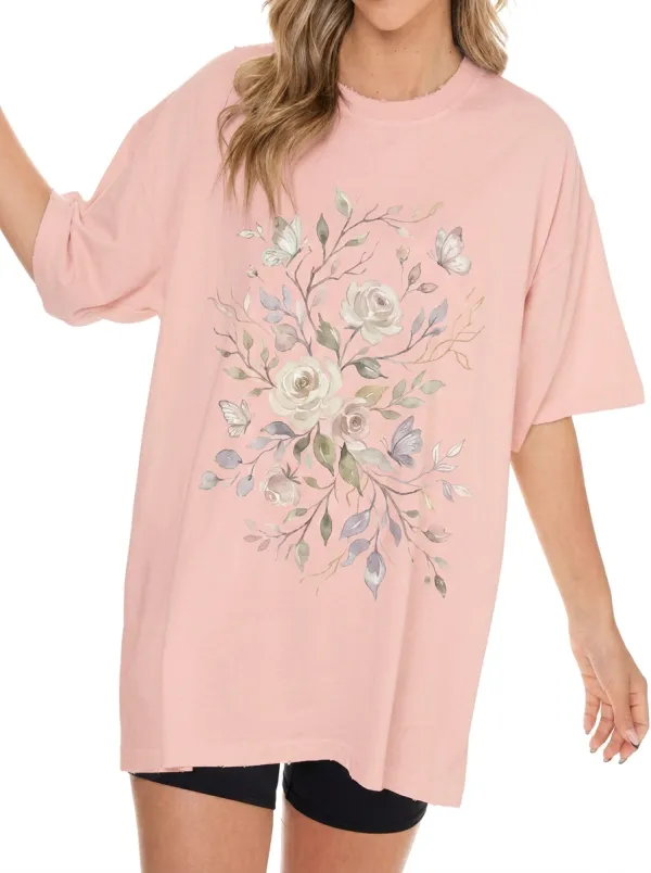 Women's Floral Butterfly Nature Lover Watercolor Printed T-shirt