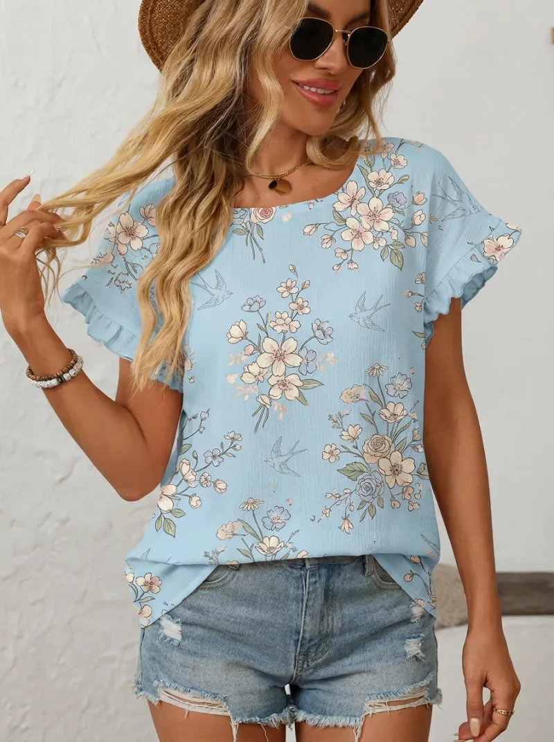 Bird Nature Ruffle Women's Loose Printed Blouse