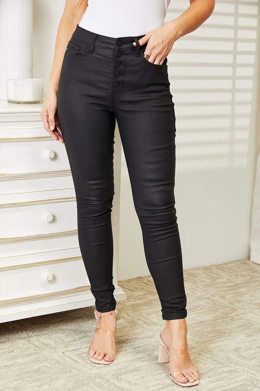 High Rise Coated Ankle Skinny Denim Jeans