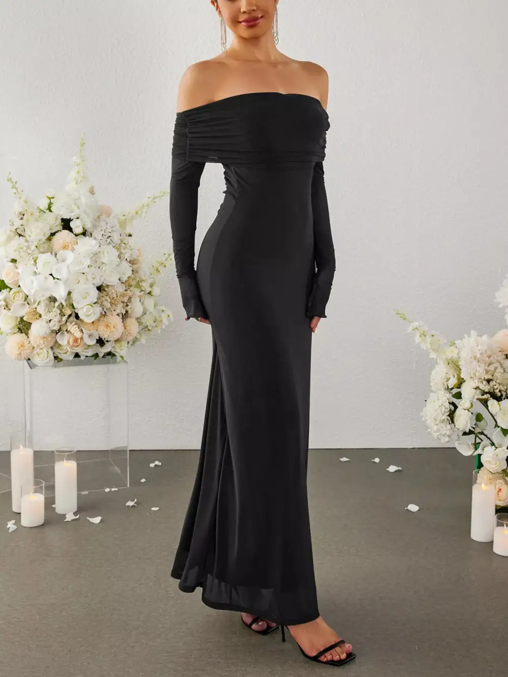 Off Shoulder Ruched Long Sleeve Maxi Dress