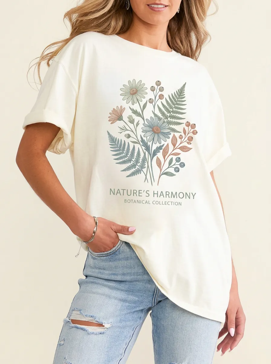 Women's Nature Lover Botanical Flower Bouquet Printed T-shirt