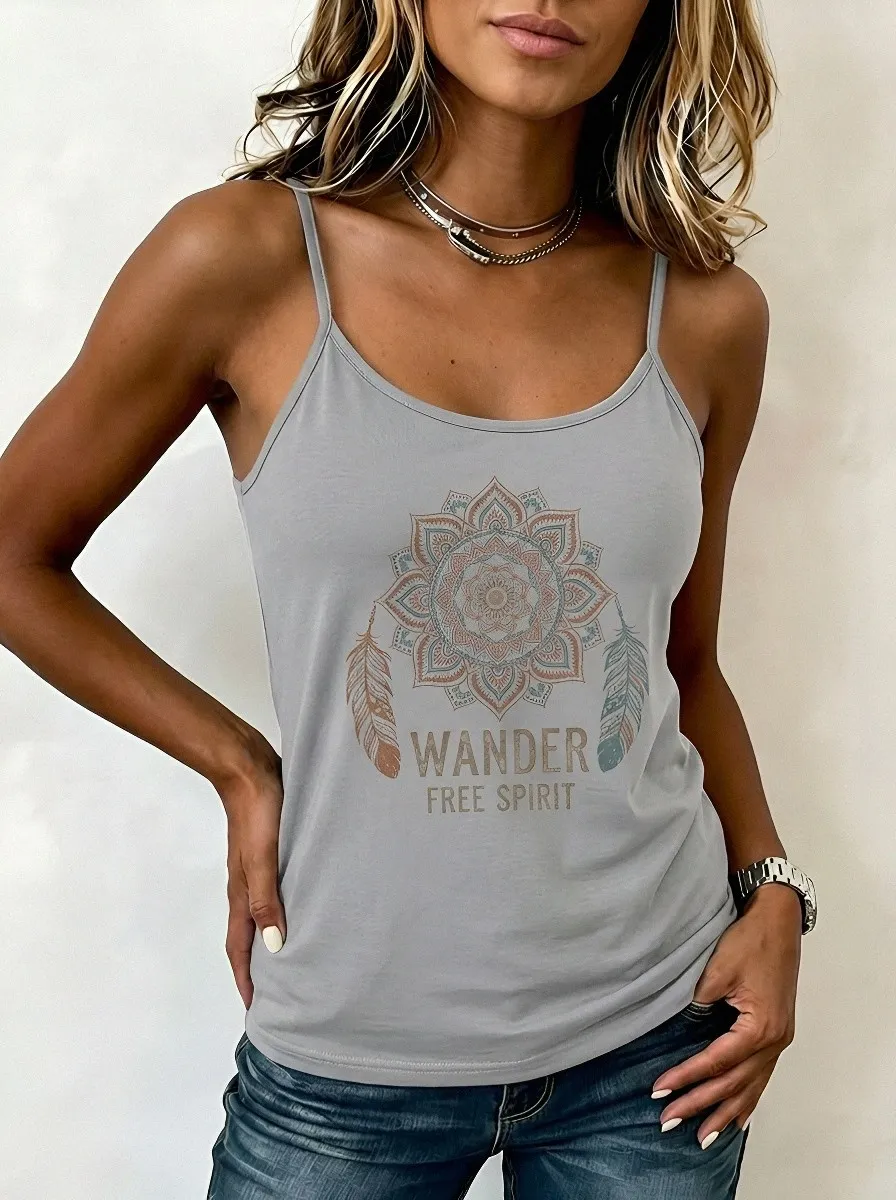 Women's Boho Wander Free Spirit Mandala Feather Printed Tank Top