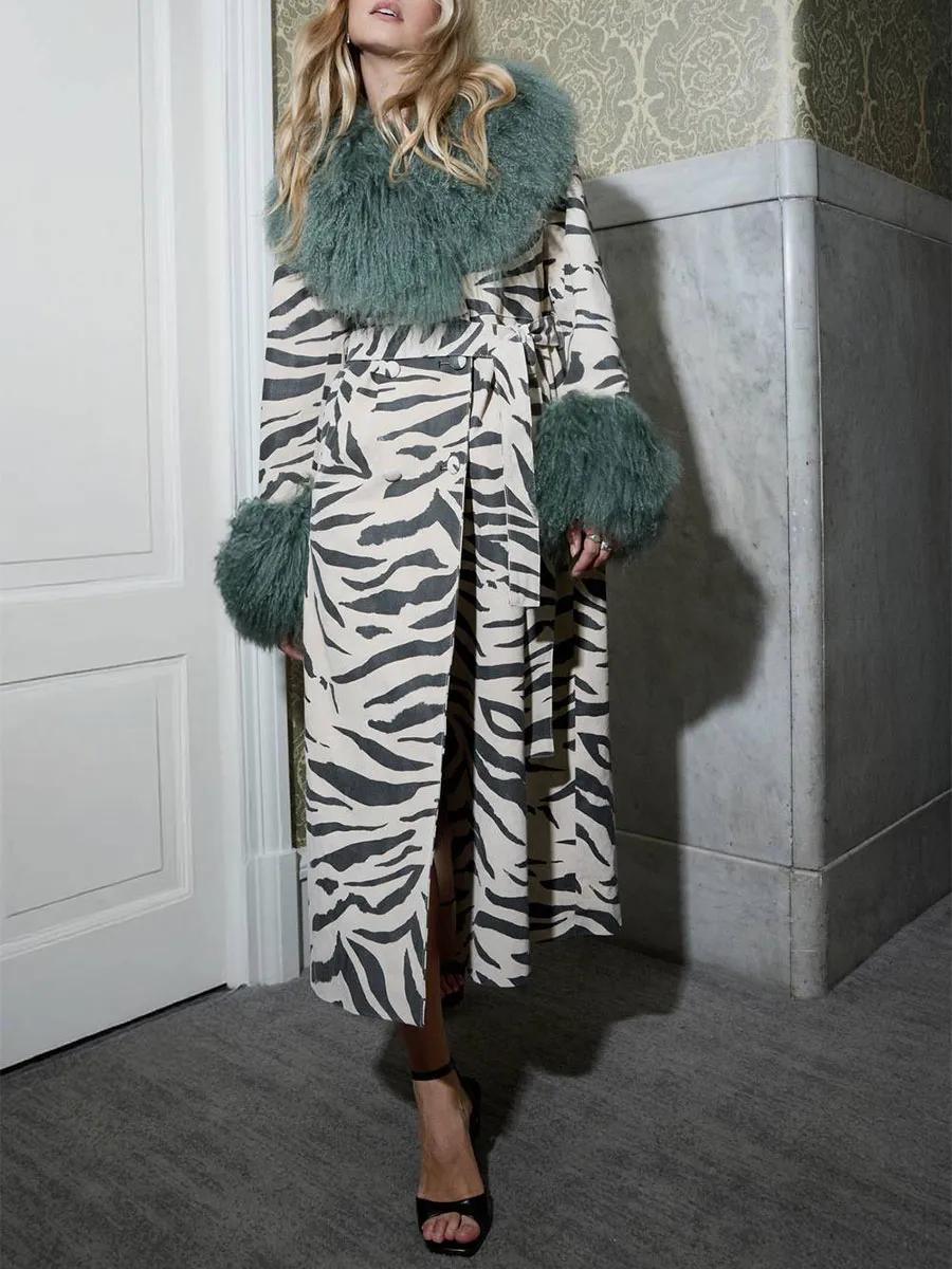 Women's Zebra-Print Green Faux Fur Collar Waist-Tie Long Coat