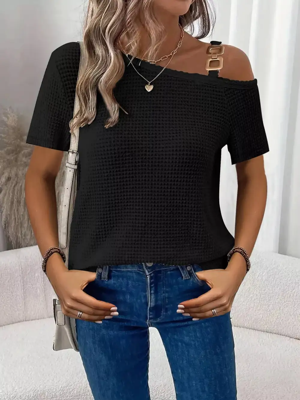 One Shoulder Chain Detail Waffle Knit Blouse