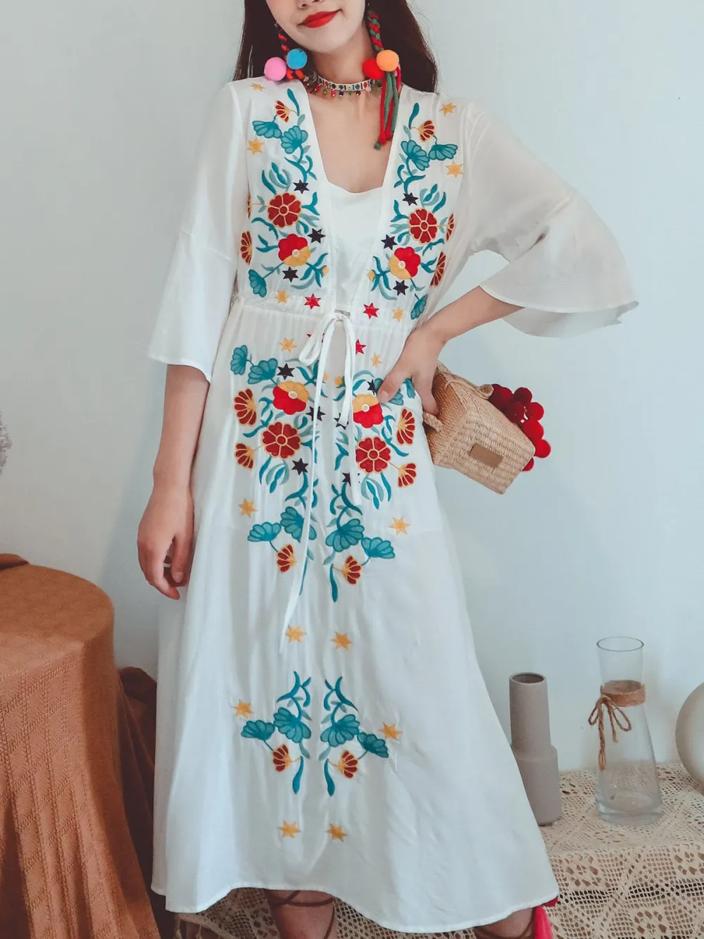 Textured Floral Embroidered Boho Maxi Dress