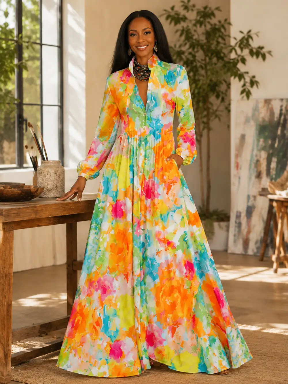 🌿Women's Long Sleeve Printed Maxi Shirt Dress👗