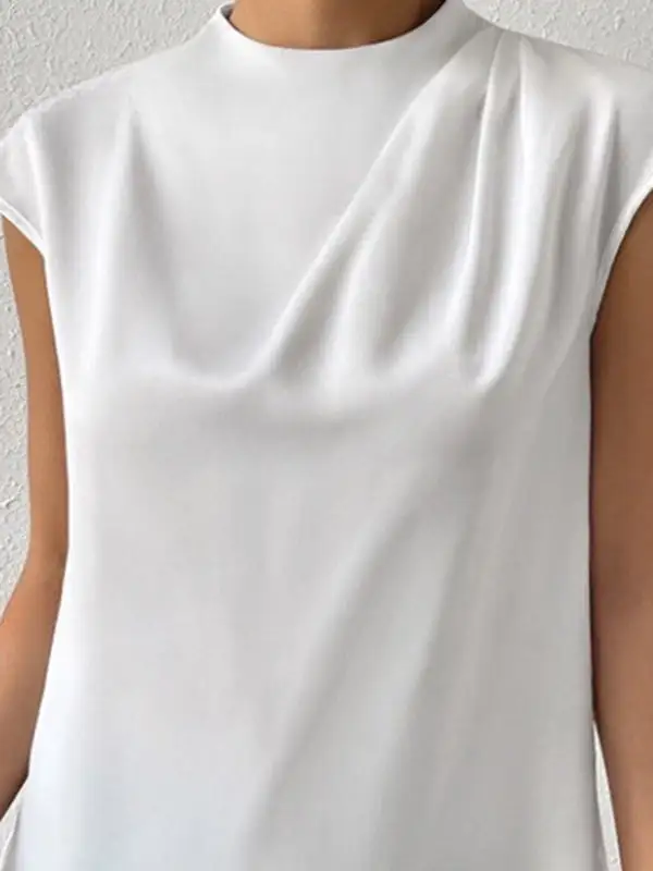 Relaxed Sleeveless Cutout Pleat Detail Mock Neck T-Shirt