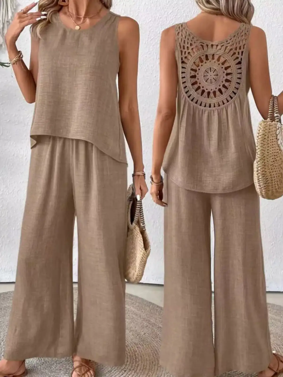 Round-Neck Cutout Pants Matching Set
