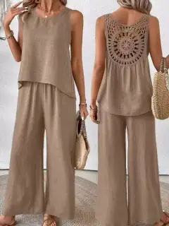 Round-Neck Cutout Pants Matching Set
