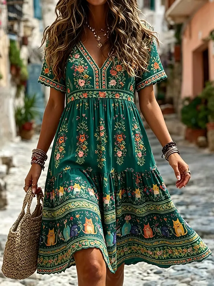 Women's Classy Floral And Cat Art Linen Blend Dress