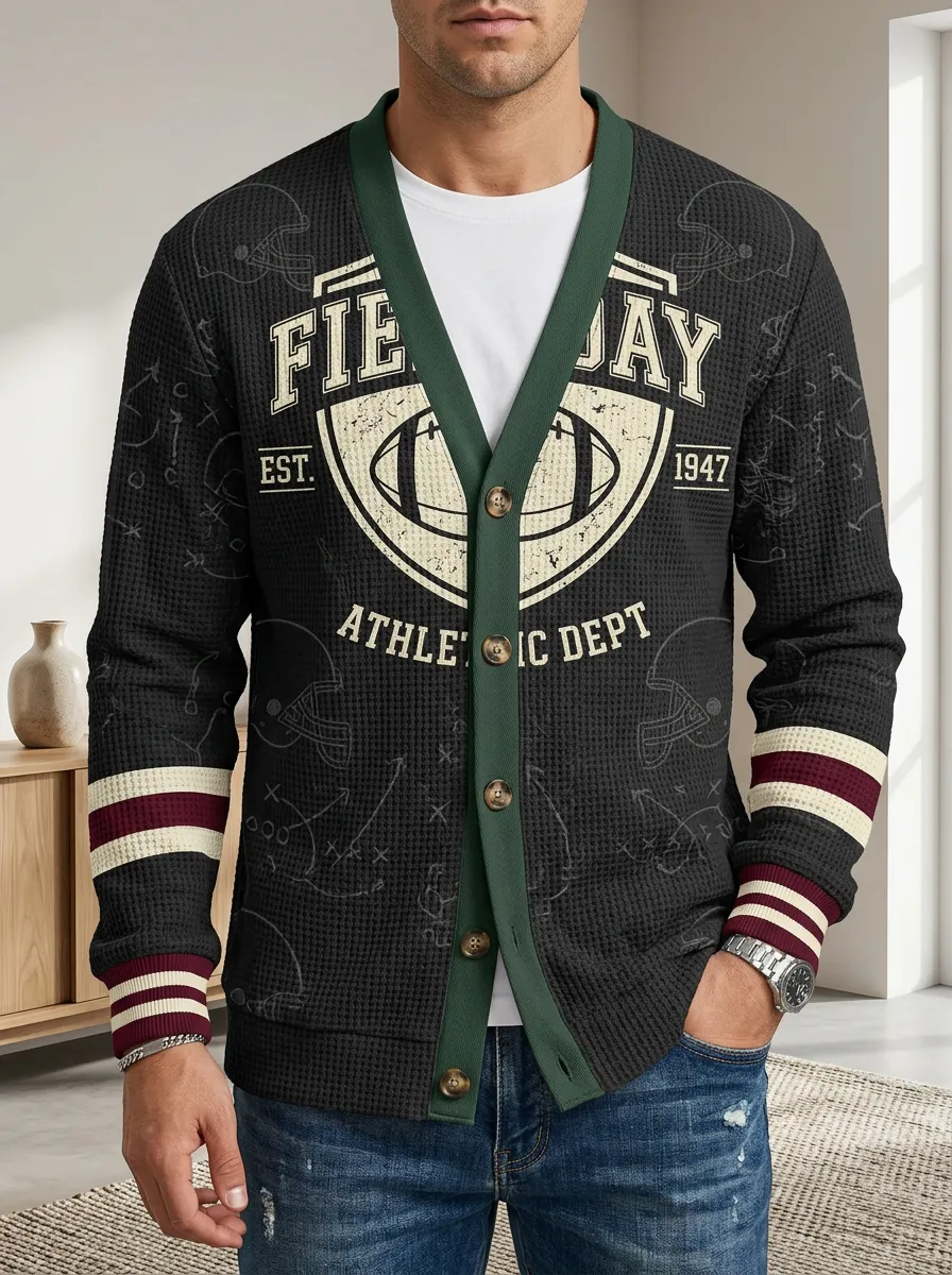 Men's American Football Field Day Printed Waffle Knit Cardigan