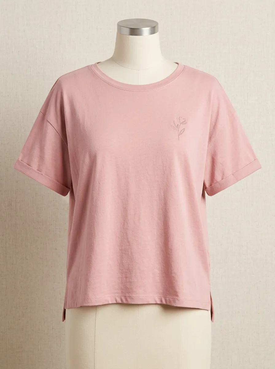 Women's Minimalist Floral Pink Embroidered Printed T-shirt