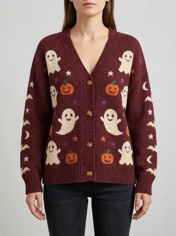 Women's Cozy Ghost Pumpkin Halloween Knit Cardigan