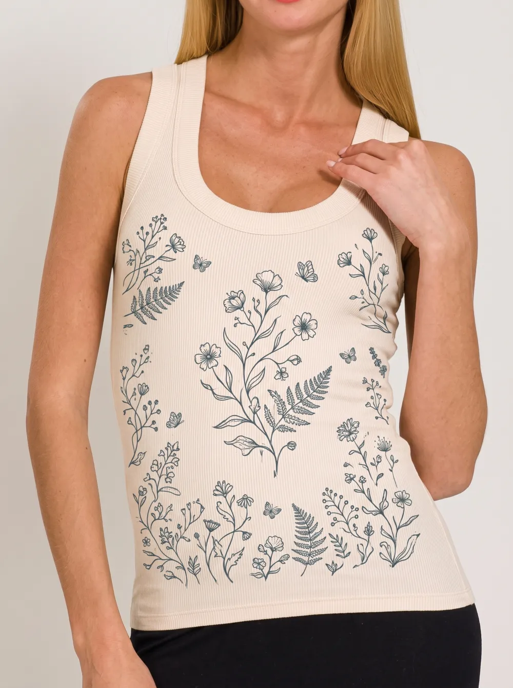 Women's Botanical Butterfly Floral Printed Ribbed Tank Top