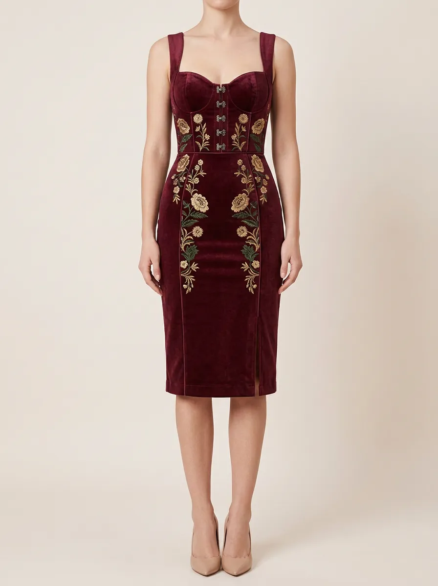 Women's Velvet Embroidery Folk Bodycon Dress