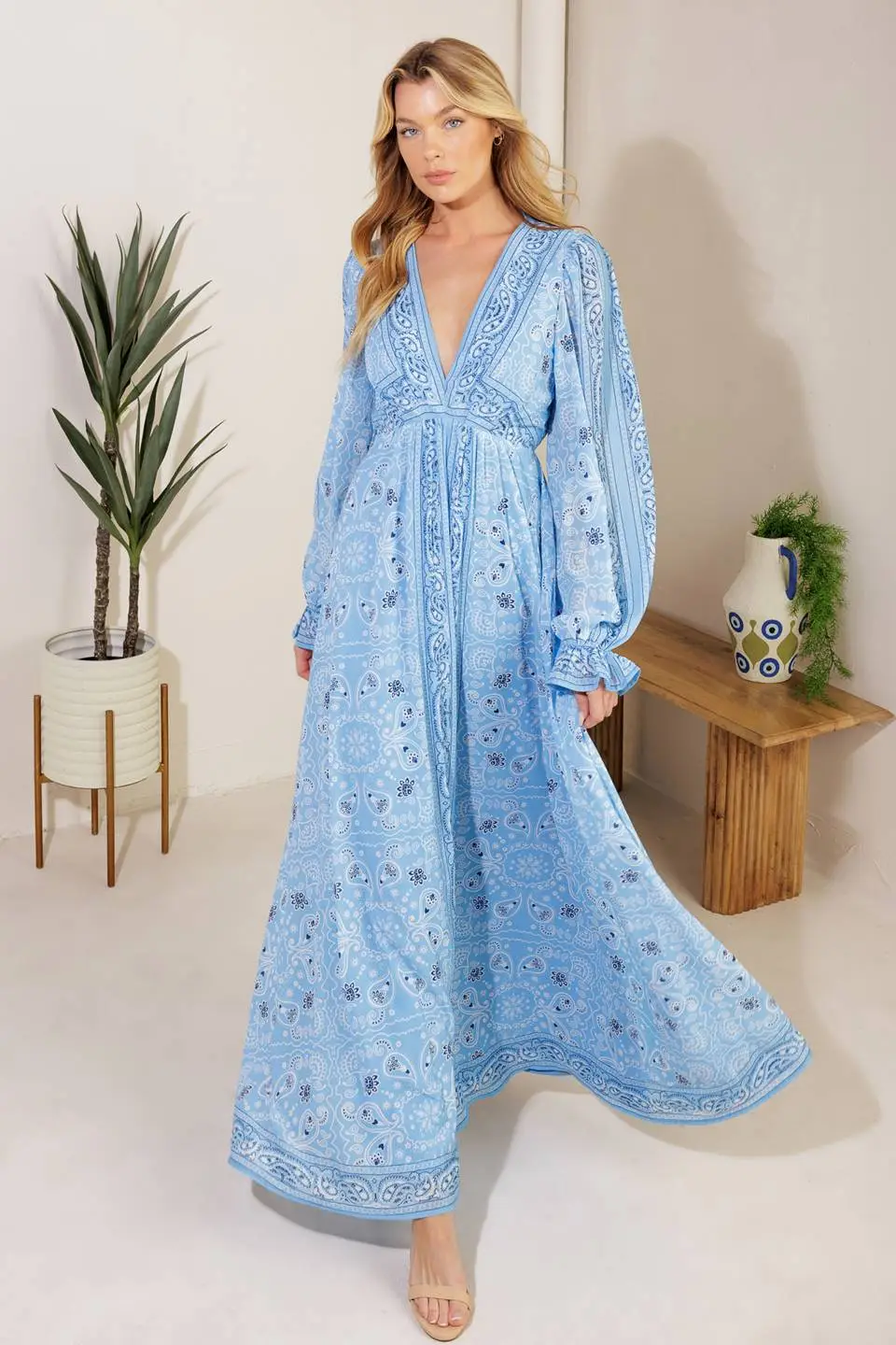 Long-Sleeve Printed Maxi Dress