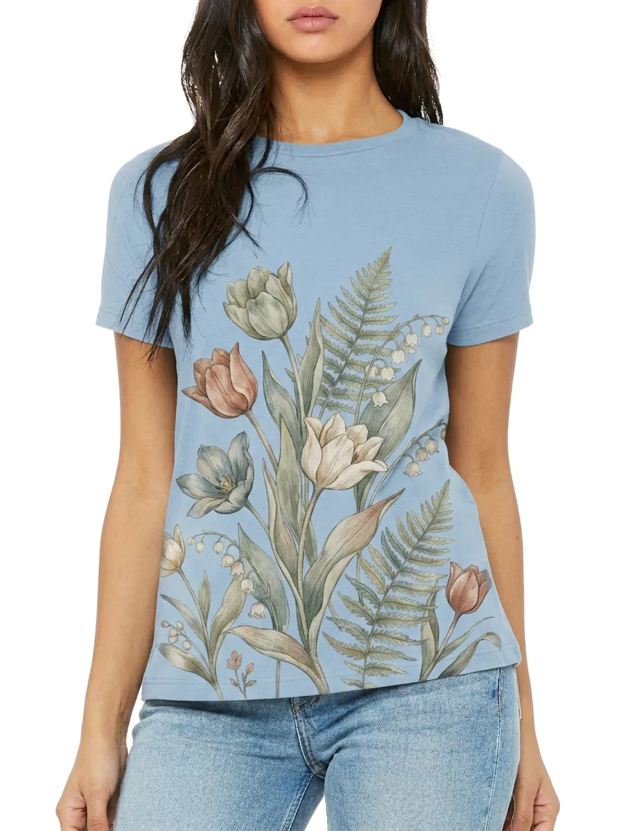 Women's Botanical Nature Lover Tulip Fern Lily Printed T-shirt