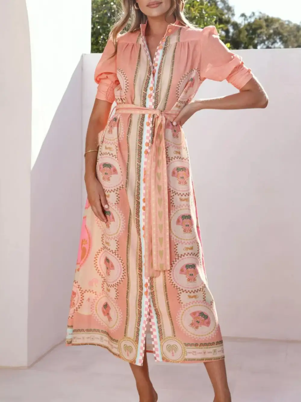 Refined Puff-Sleeve Printed Midi Dress
