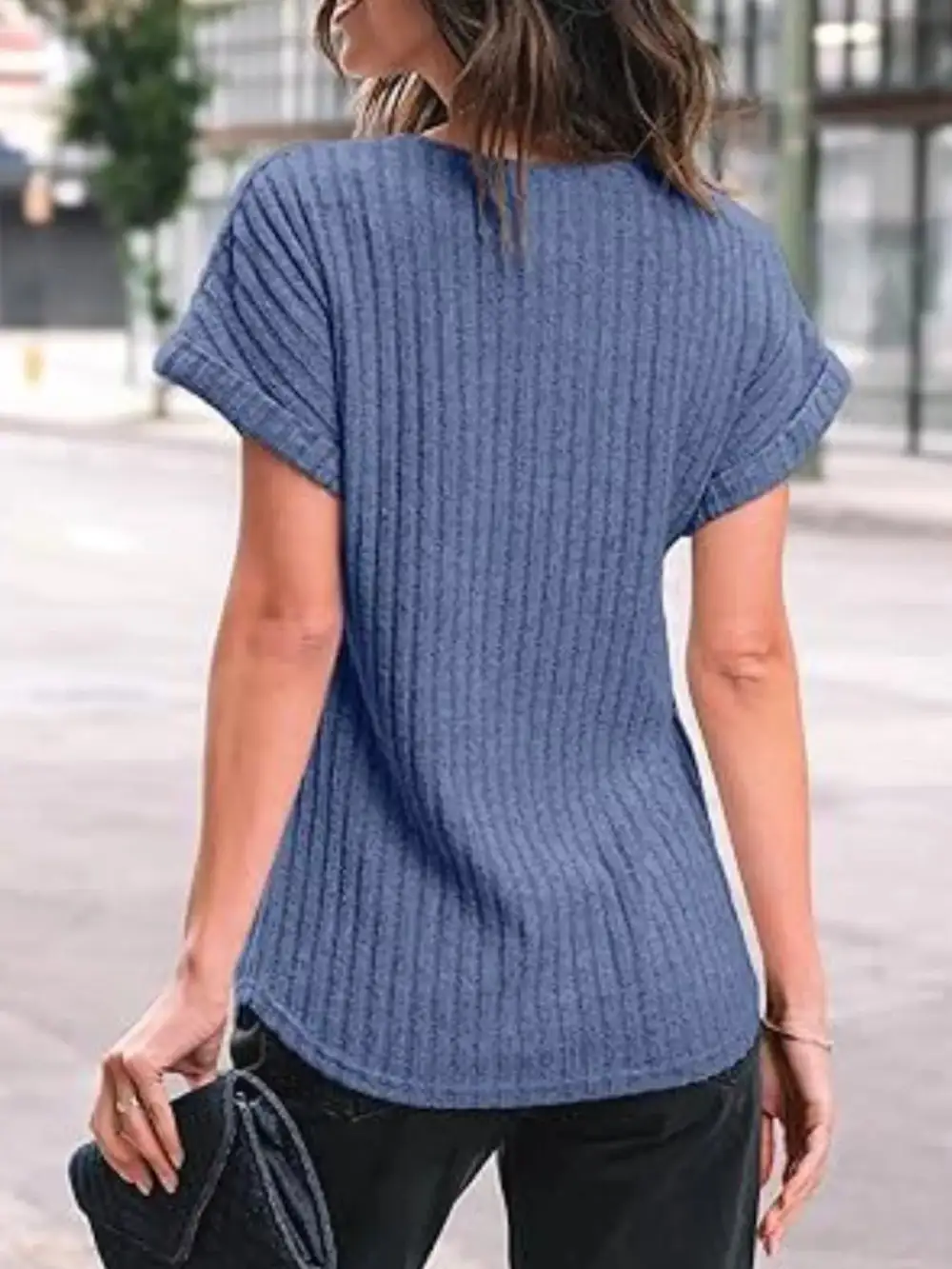 Casual Ribbed Knit Short Sleeve T Shirt