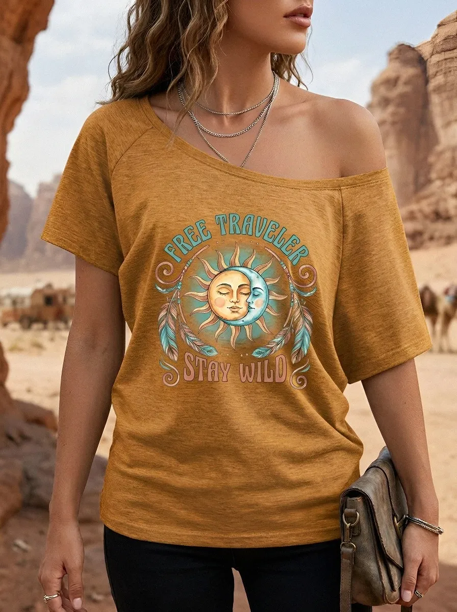 Women's Boho Traveler Sun Moon Feather Printed T-shirt