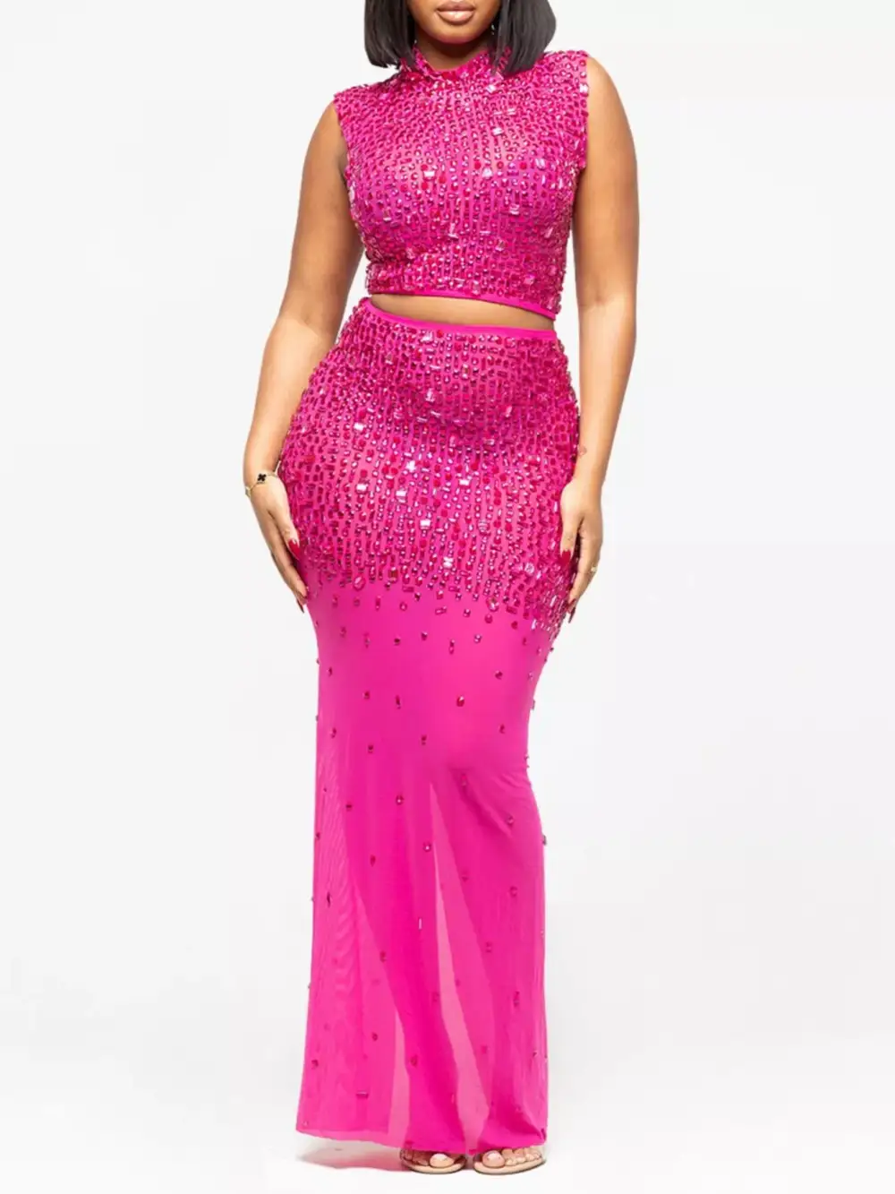 Sleek Rhinestone Sleeveless Top And Skirt Set