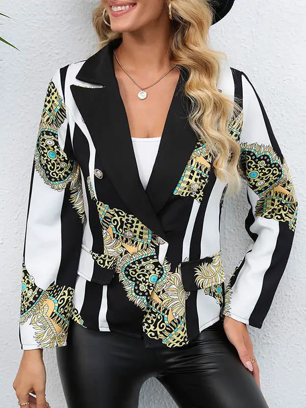 Long Sleeve Relaxed Button Front Pocket Printed Notched Blazer