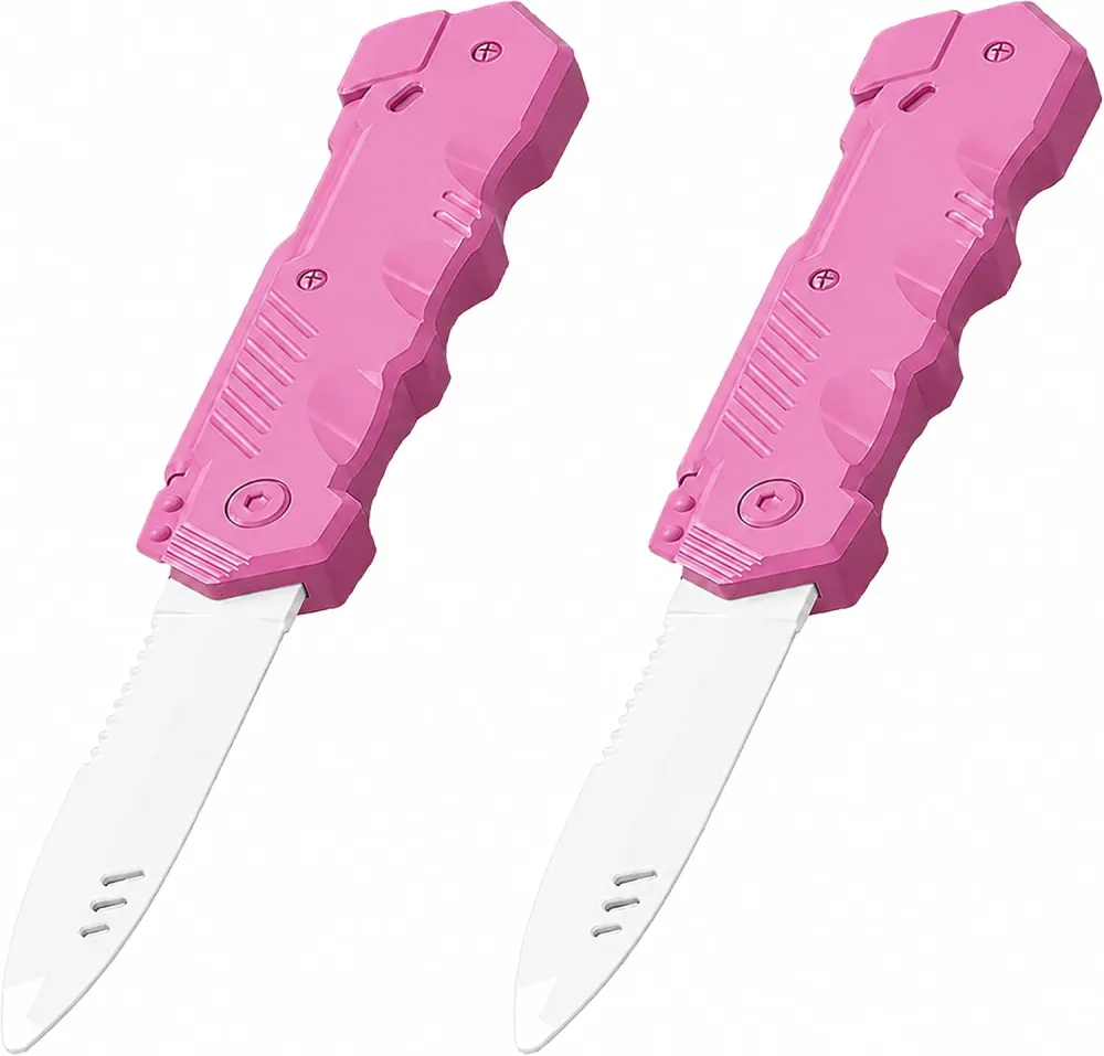 Retractable Plastic Toy Knives - 2 Pack - Safe and Fun for Kids and Adults - Great for Halloween, Cosplay, Magic Tricks and More - Green Handle Purple Blade