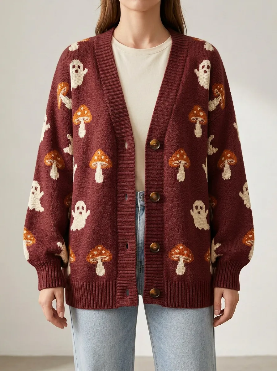 Women's Ghost Mushroom Halloween Knit Cardigan
