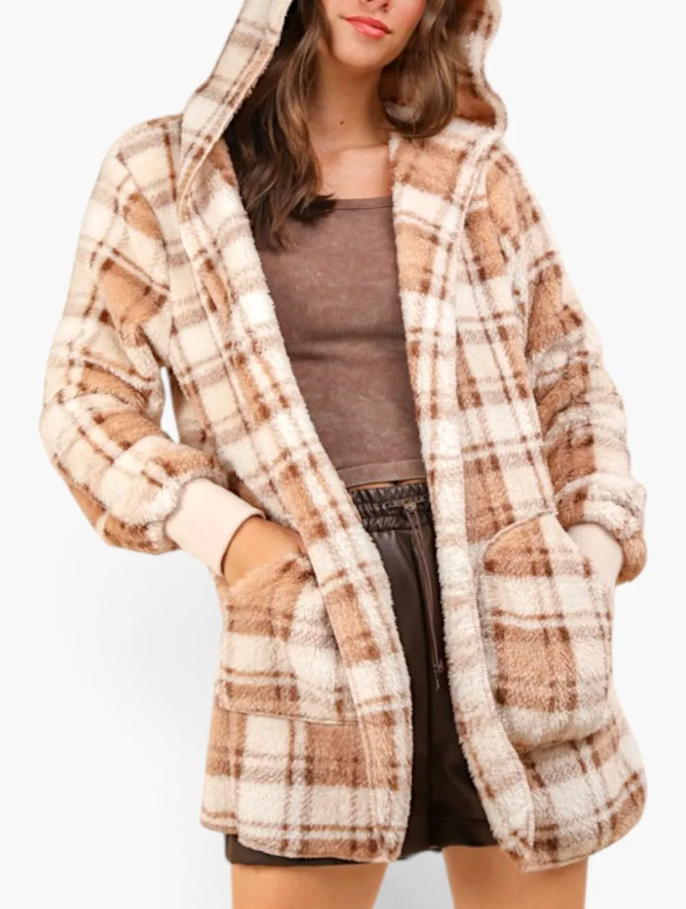 Plaid Hooded Teddy Cardigan