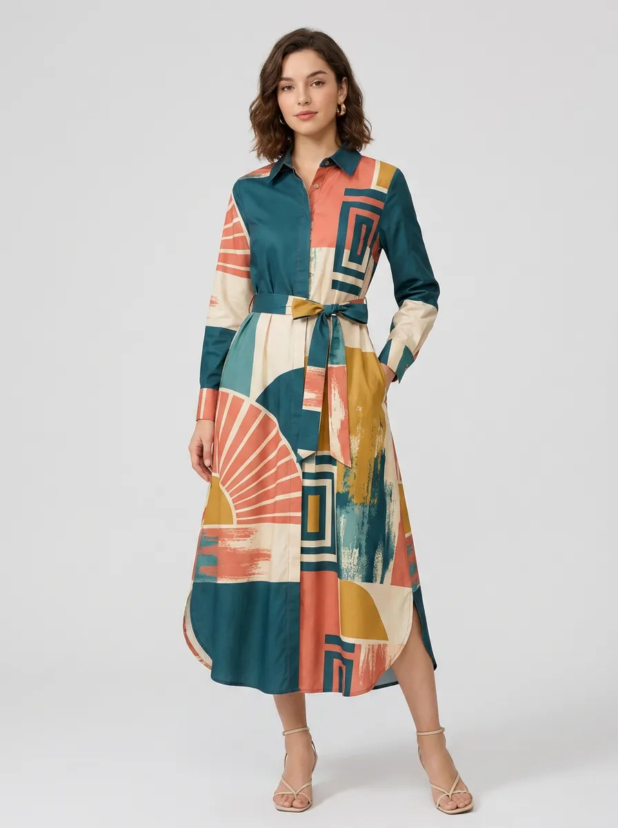 Women's Geometric Sun Abstract Printed Shirt Dress