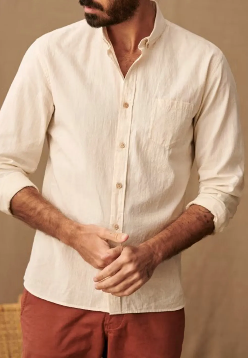 Beige Neutral Cotton Linen Blend Button Down Shirt