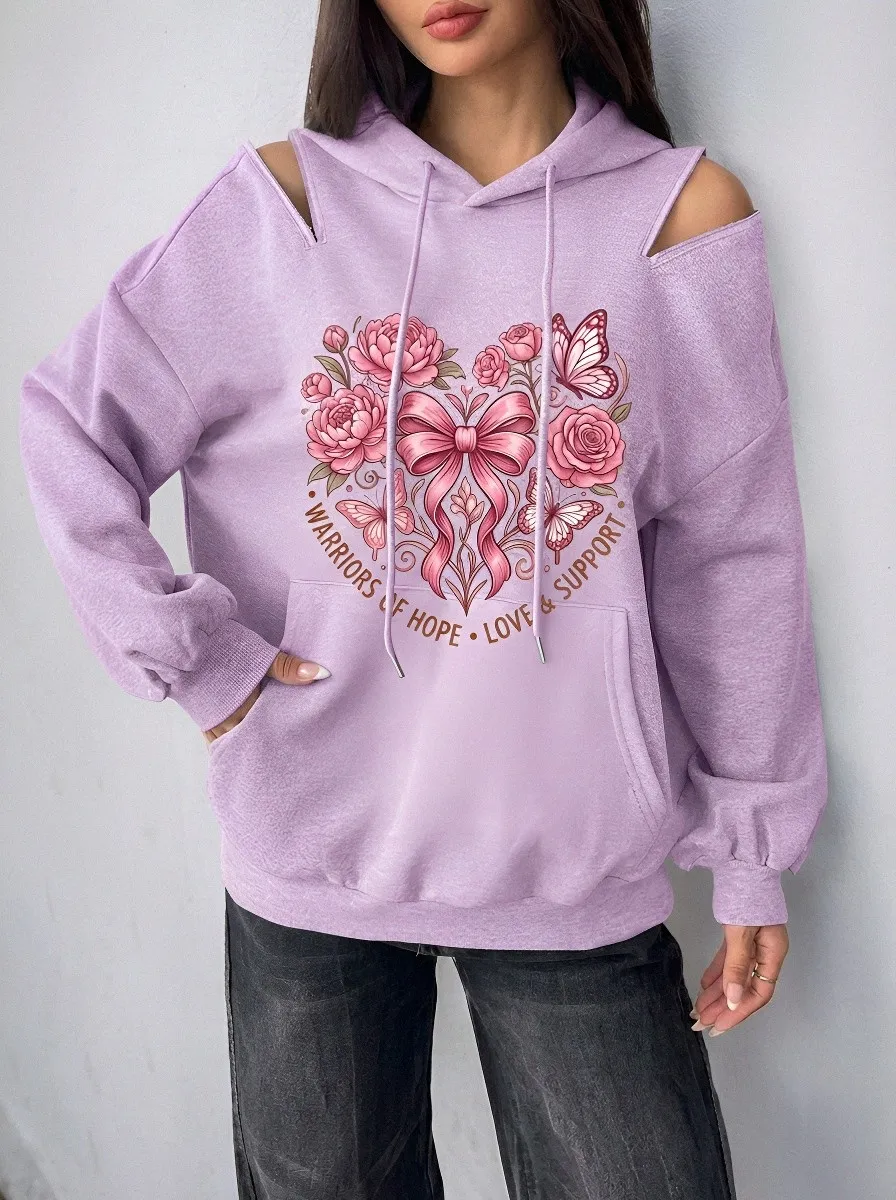 Women's Breast Cancer Awareness Floral Butterfly Bow Printed Cold Shoulder Hoodie