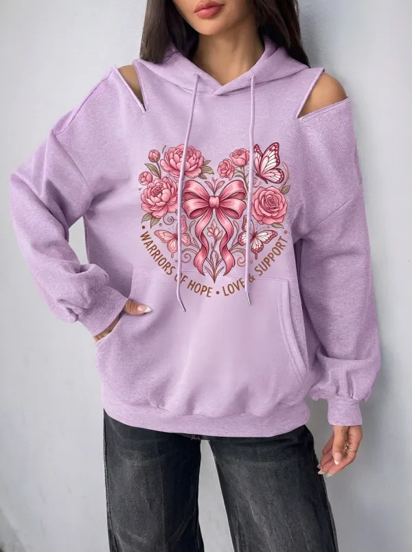 Women's Breast Cancer Awareness Floral Butterfly Bow Printed Cold Shoulder Hoodie