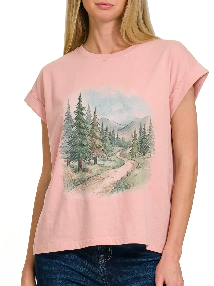 Women's Nature Lover Forest Path Sketch Printed T-shirt