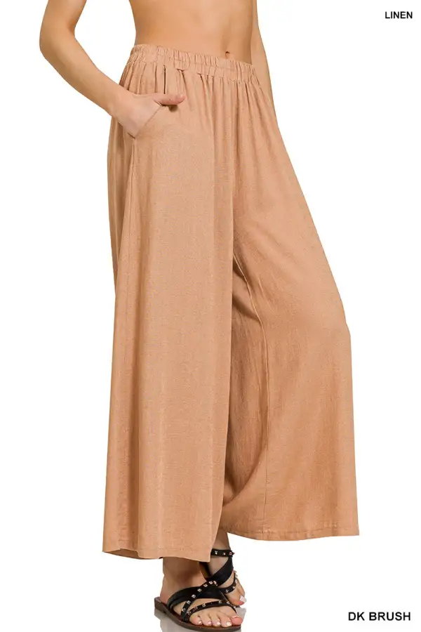 Woven Pleated Linen Wide Leg Pants