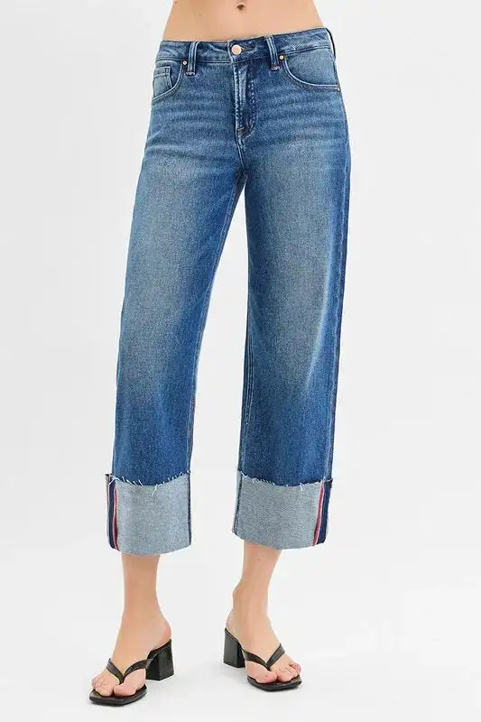 Full Size Tummy Control Mid Rise Crop Wide Cuffed Jeans Plus Size