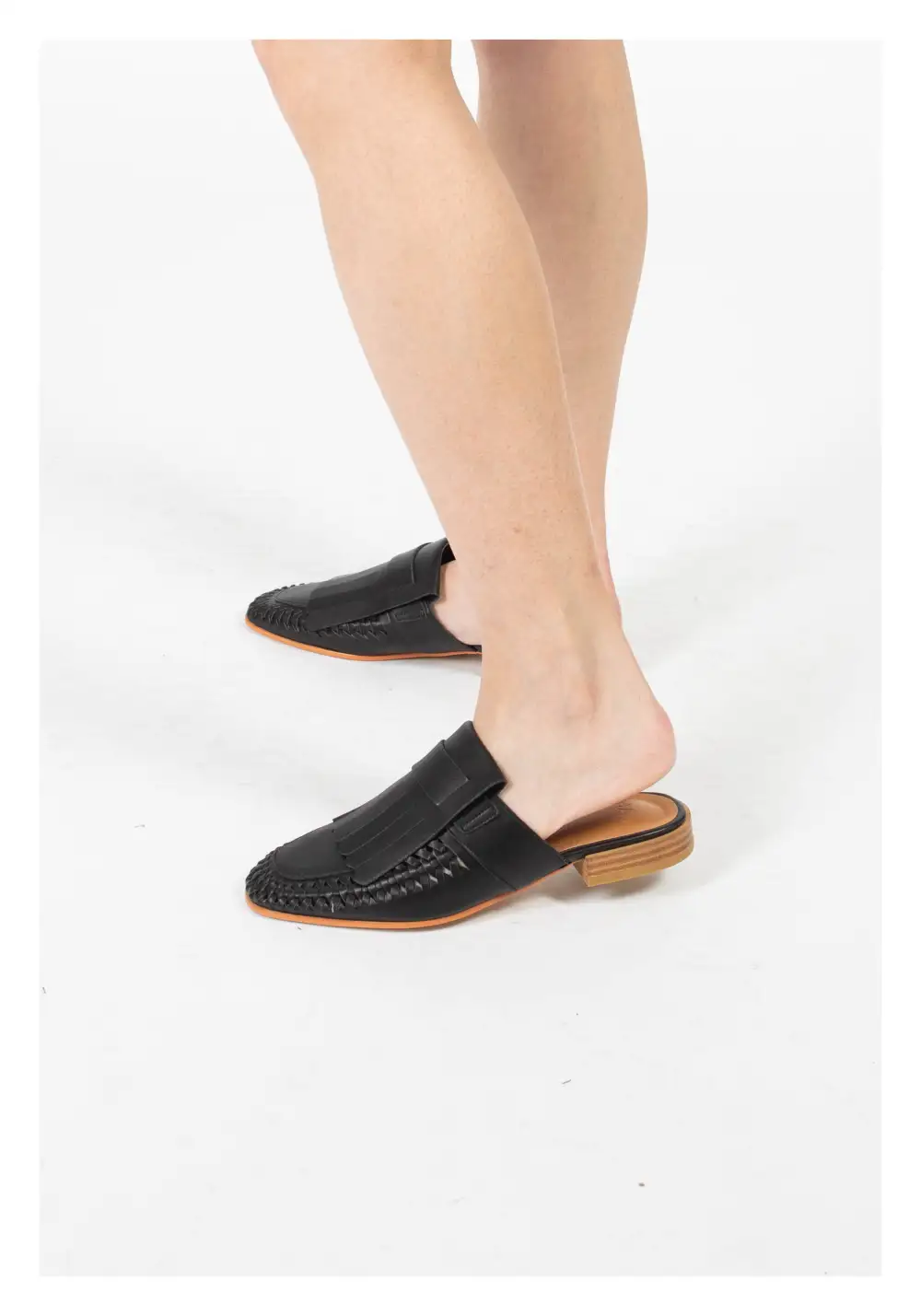 Faux Leather Woven Fringe Detail Slip On Mules