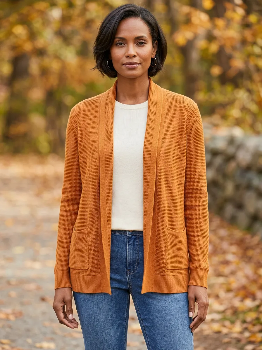Easygoing Waffle-Knit Open-Front Knit Cardigan