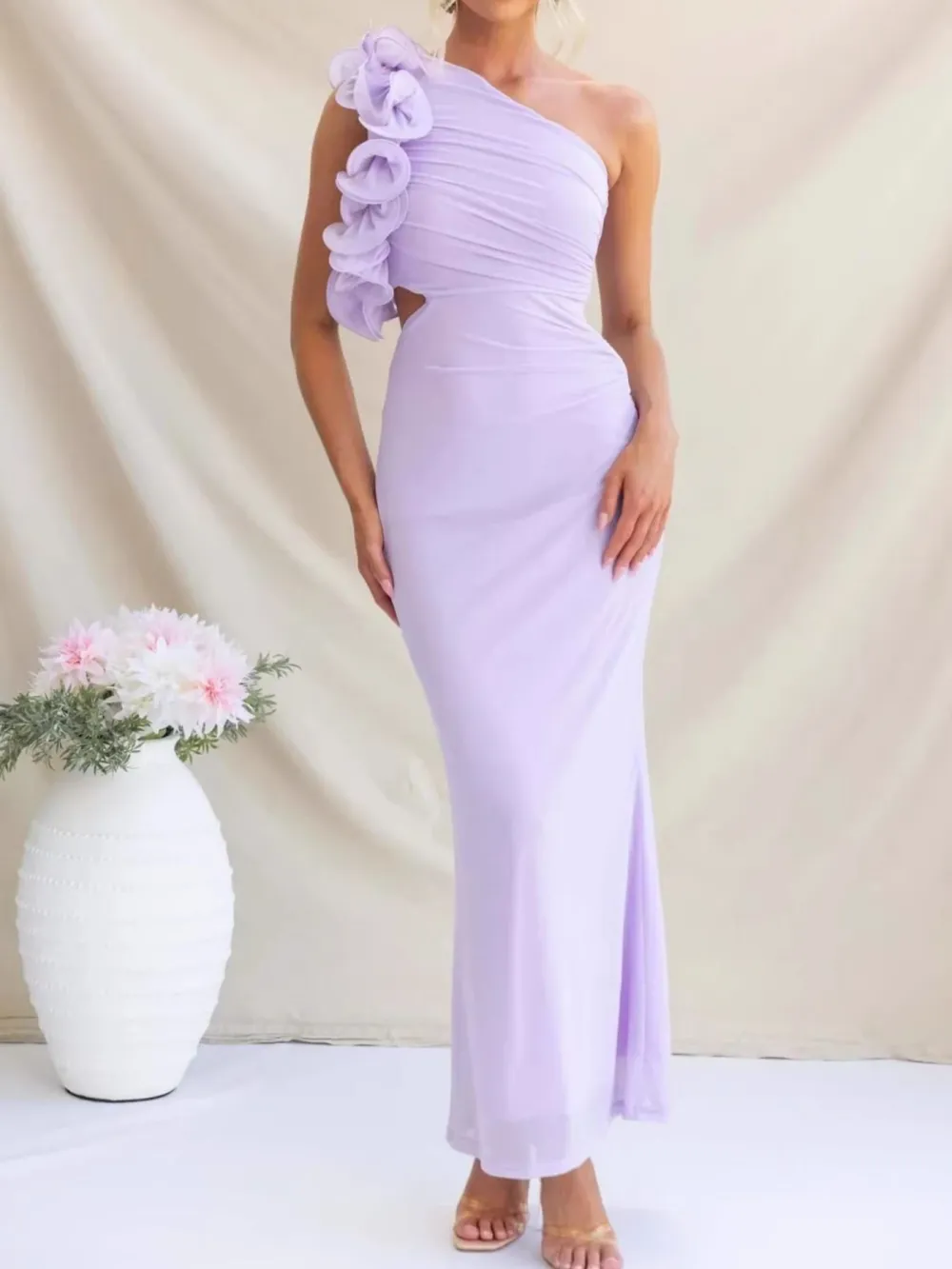 Ruched One-Shoulder Sleeveless Floral Maxi Dress