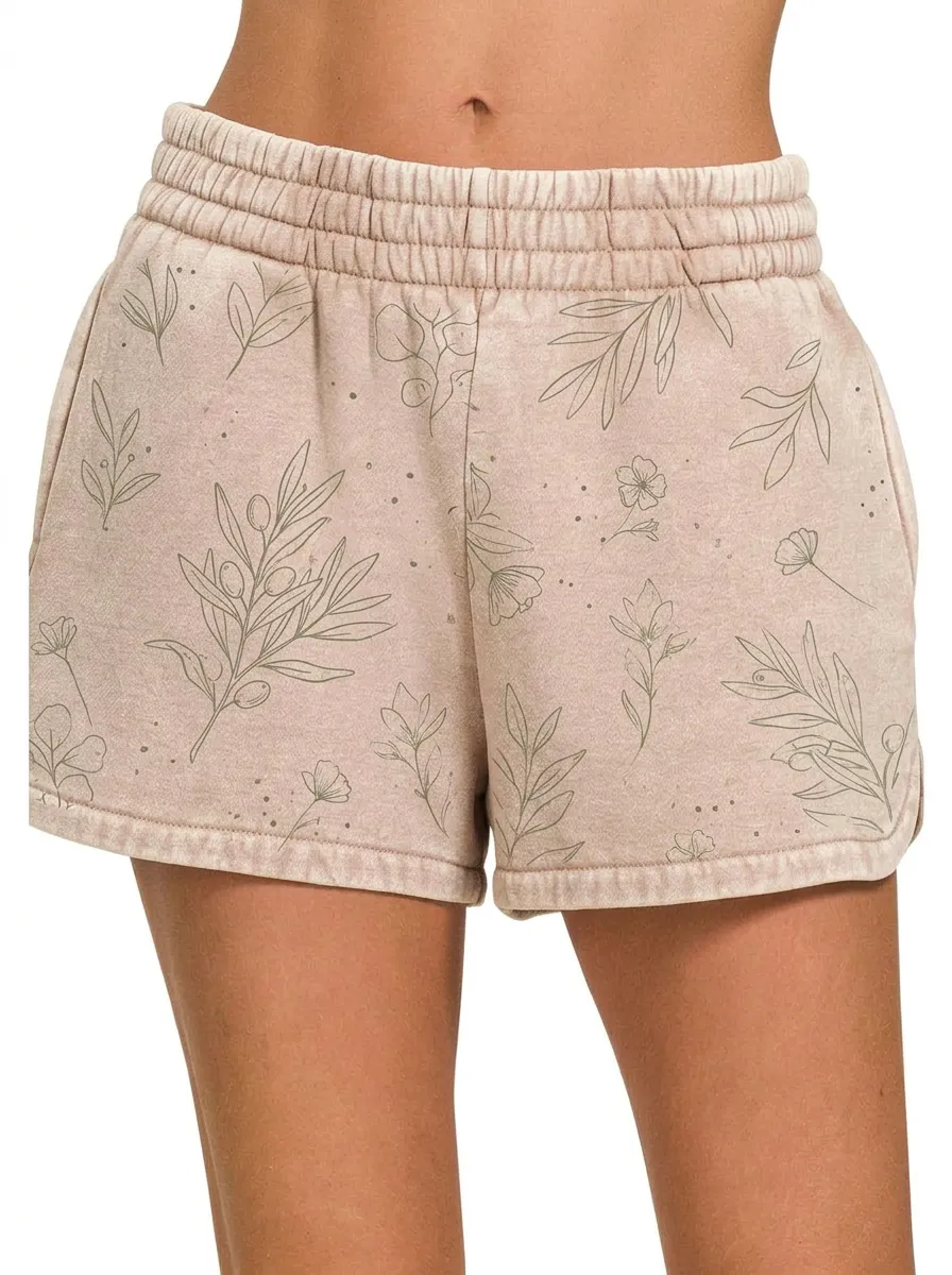 Women's Botanical Olive Branch Floral Printed Sweat Shorts
