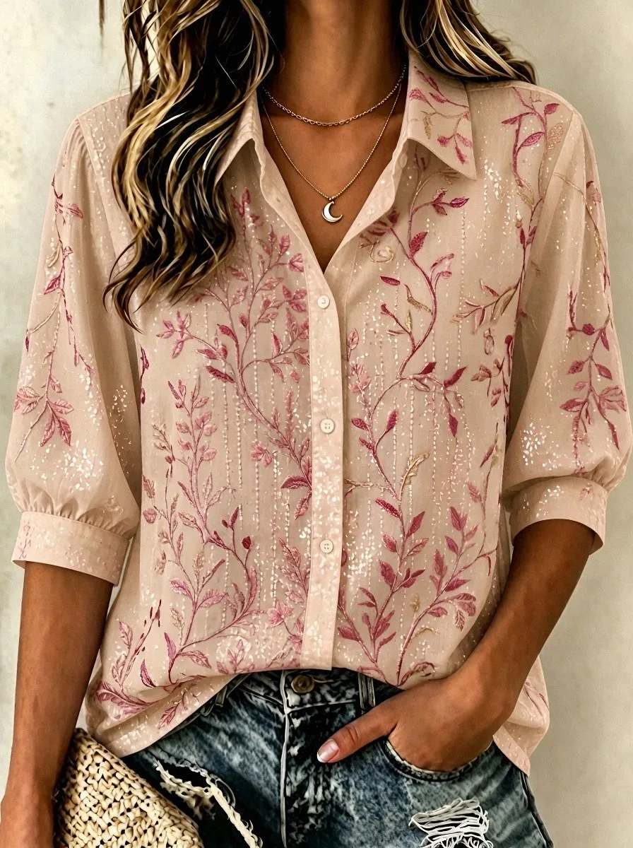 Women's Breast Cancer Awareness Pink Floral Vine Printed Button-Down Shirt