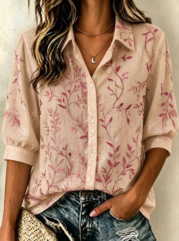 Women's Breast Cancer Awareness Pink Floral Vine Printed Button-Down Shirt